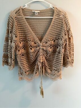 Crochet Tie-Front Top in Taupe with adjustable cinching